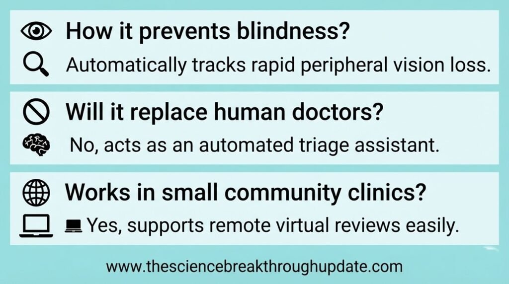 Medical FAQ explainer graphic outlining features and clinic benefits of automated glaucoma software