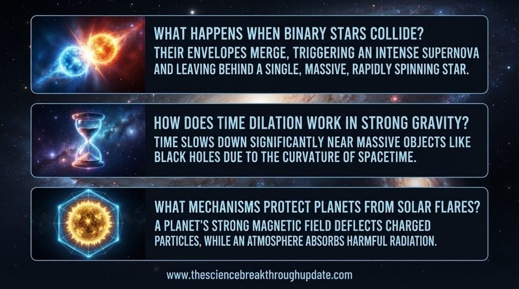 Visual explainer infographic template answering three core reader questions about deep space stellar mergers with custom cosmic icons.