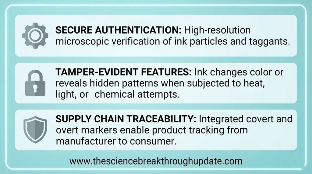 Visual explainer infographic template answering three core reader questions about anti-counterfeiting pharmaceutical invisible ink with custom security icons.
