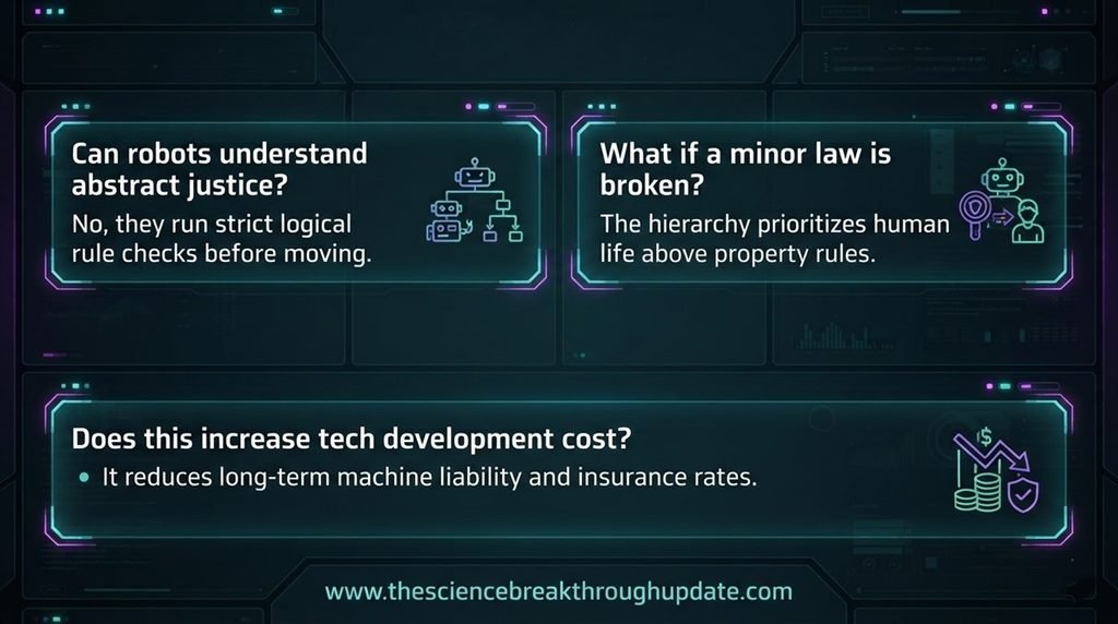  Visual FAQ explainer detailing common questions about autonomous machine liability and legal reasoning frameworks with customized subject icons.