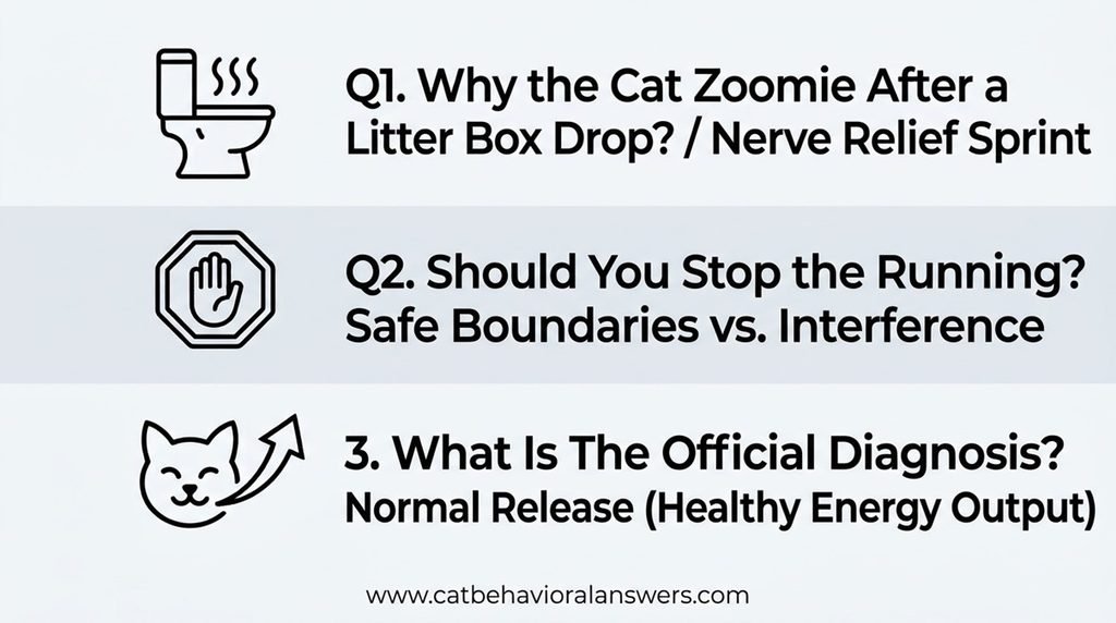 Visual FAQ explainer infographic highlighting the three core behavioral questions regarding domestic cat sprints using clean text labels and contextual icons.