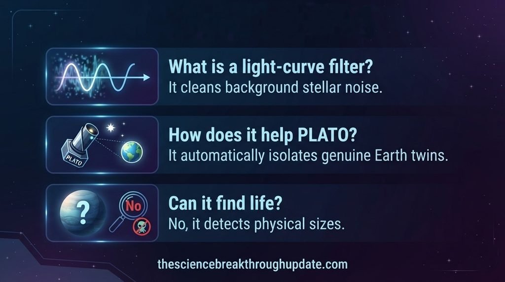  Visual explainer infographic displaying three core reader questions and answers about exoplanet transit algorithms with matching astronomical subject icons