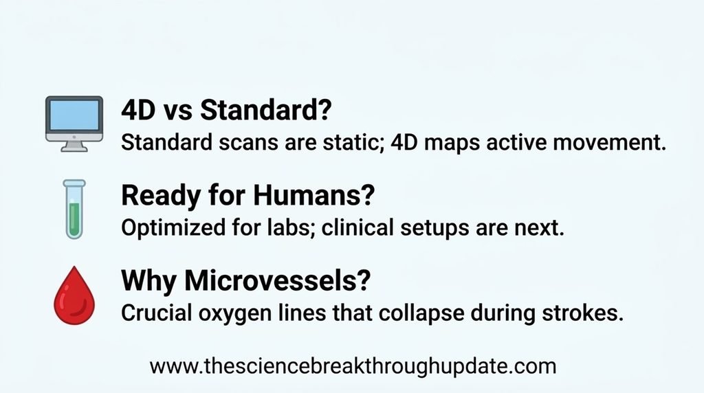 Medical FAQ explainer graphic defining real-time ultrasound monitoring differences and stroke diagnosis applications.