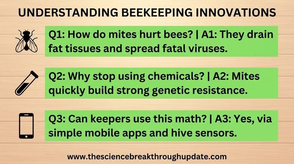 Visual explainer infographic detailing core reader questions and answers about how math maps track and stop deadly Varroa mites in honeybee colonies.