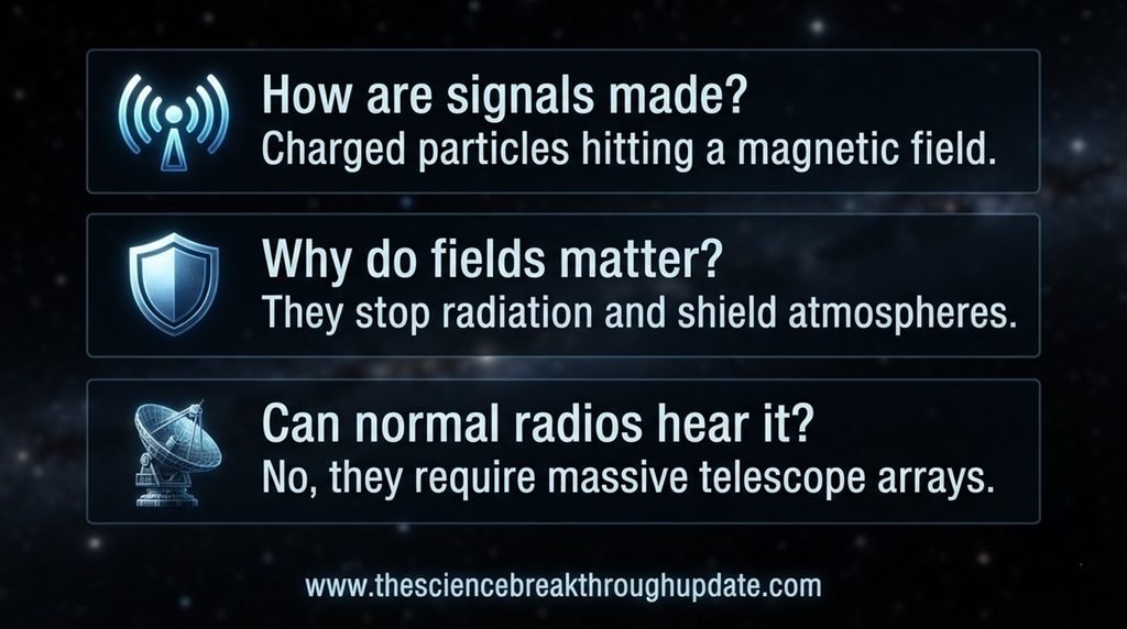 Educational space infographic layout detailing questions on exoplanet atmospheres, radio waves, and telescope arrays
