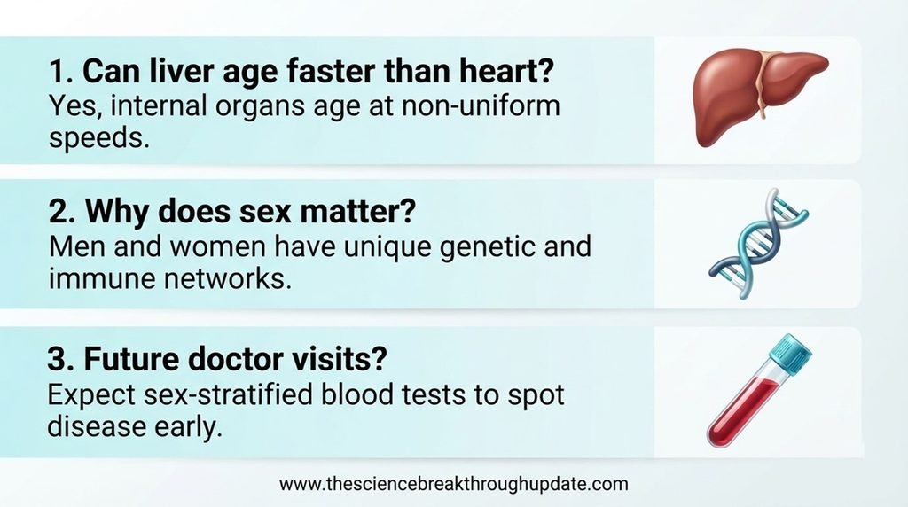 Visual FAQ explainer infographic addressing organ-specific aging rates and sex-stratified blood testing with customized biological icons.