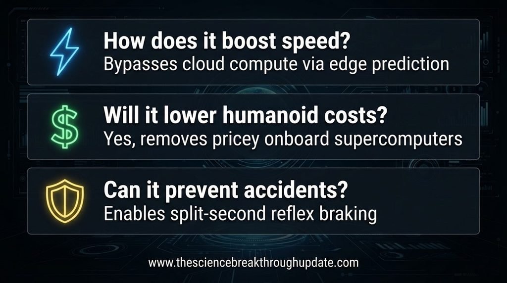 Educational robotics FAQ infographic explaining speed gains, cost reductions, and collision avoidance safety features of rMuscle edge architecture