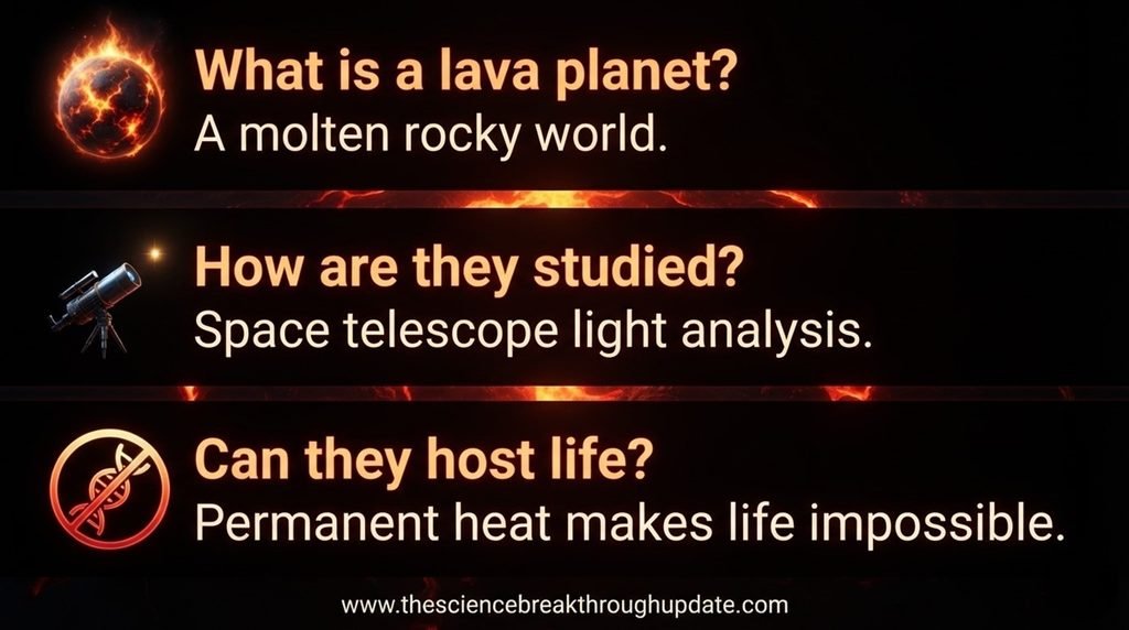 Educational space science FAQ infographic explainer answering core questions about lava planets with matching subject icons.
