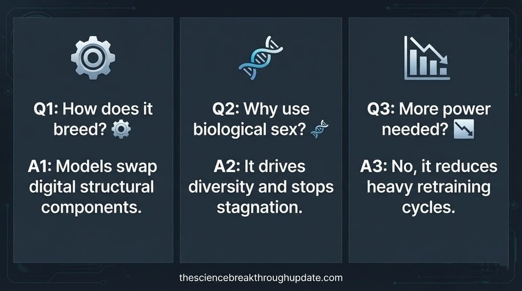 Clean three-column educational infographic explaining the mechanics of self-evolving machine learning.
