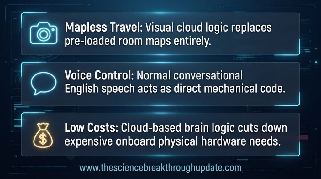 Educational FAQ screen breakdown answering how camera logic, speech control, and low-cost components function inside autonomous systems.