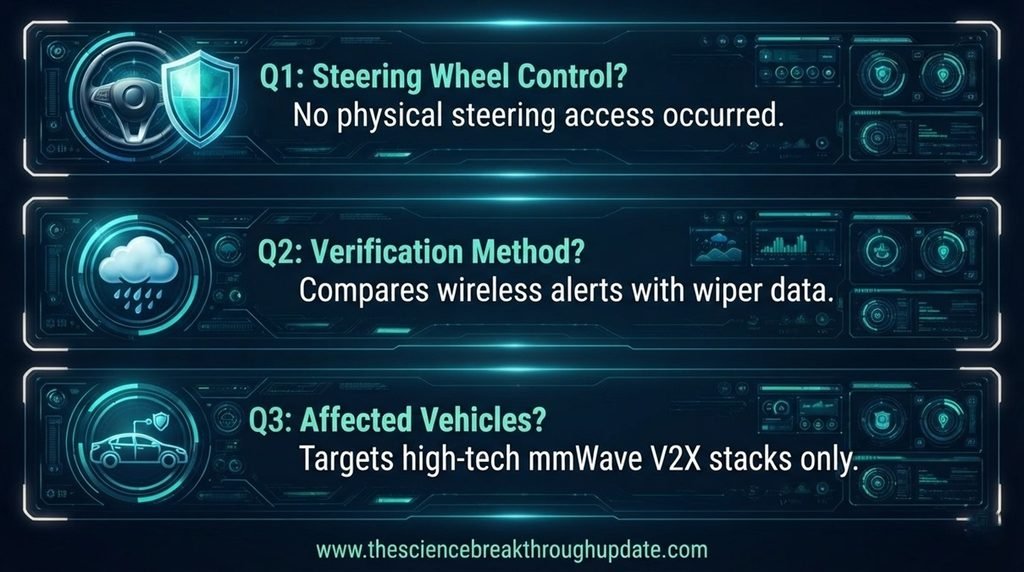 Technical FAQ infographic explaining security perimeters and sensor verification protocols for smart vehicle networks.