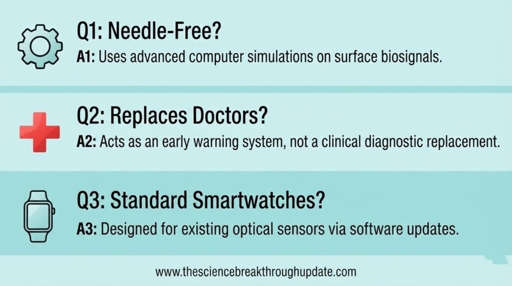 Educational medical FAQ infographic layout answering common reader doubts about smartwatch cardiac monitoring with thematic vector icons