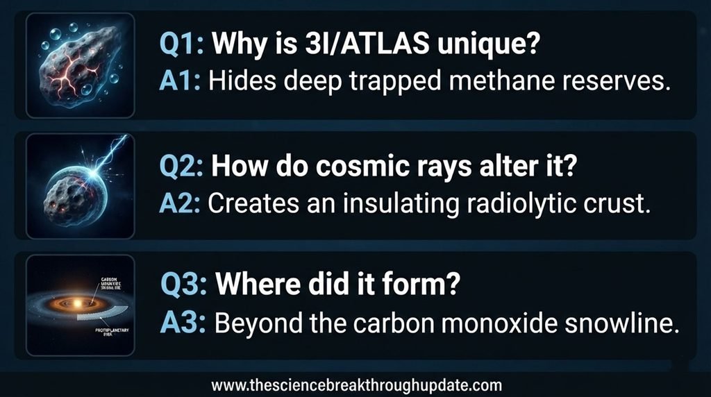 Educational FAQ explainer layout with icons visualizing key cosmic radiation and composition answers for interstellar comet 3I/ATLAS.