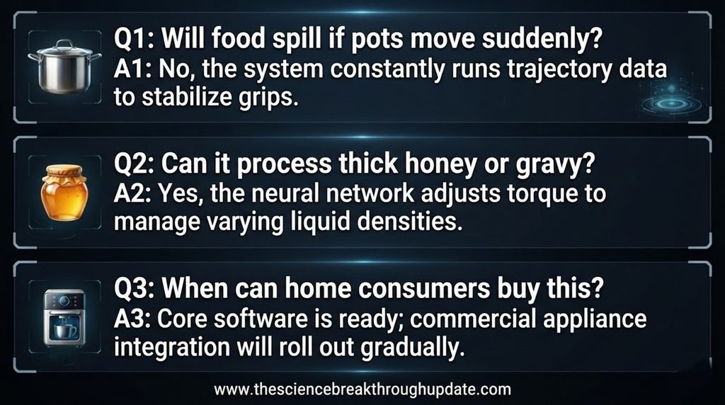 Educational FAQ explainer layout mapping questions about robot chef spill prevention, fluid density adjustments, and retail availability timelines