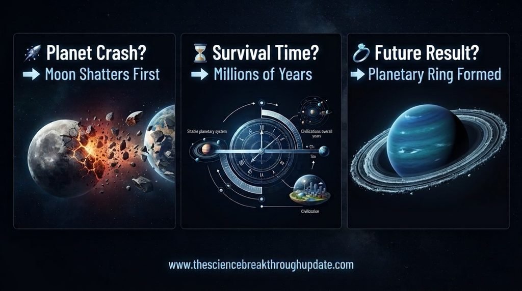  Educational space infographic breakdown explaining the planetary ring creation and orbital timeline of Neptune destroying moon dynamics.