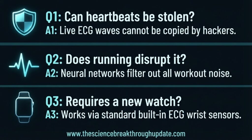 Educational tech FAQ infographic showing three distinct visual blocks explaining smartwatch heart rate authentication with dedicated matching subject icons.