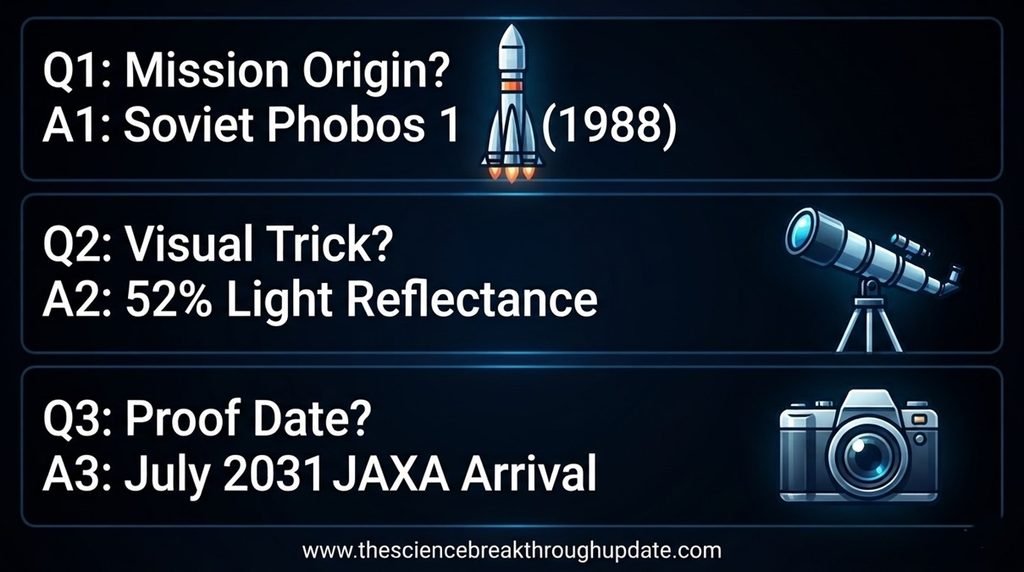 Visual FAQ explainer grid detailing the Soviet Phobos 1 origins and the July 2031 JAXA mission timeline