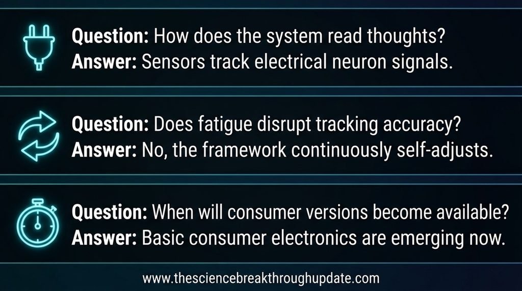  A 3-block educational FAQ infographic sharing a matching dark neon tech theme, outlining core brain-computer interface answers with distinct subject icons.