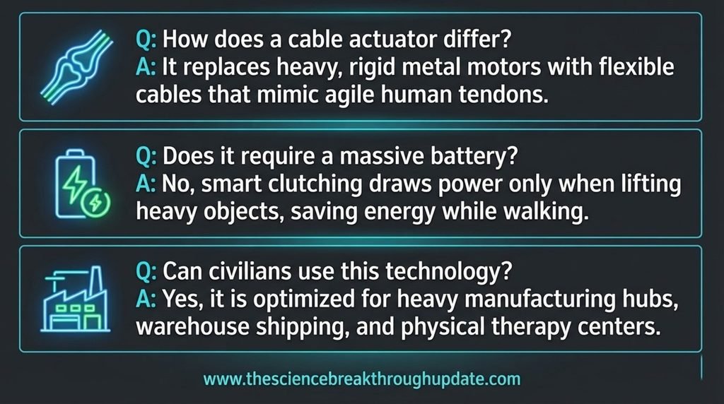 Educational FAQ explainer graphic outlining the mechanics, power efficiency, and civilian uses of flexible cable bionic suits.