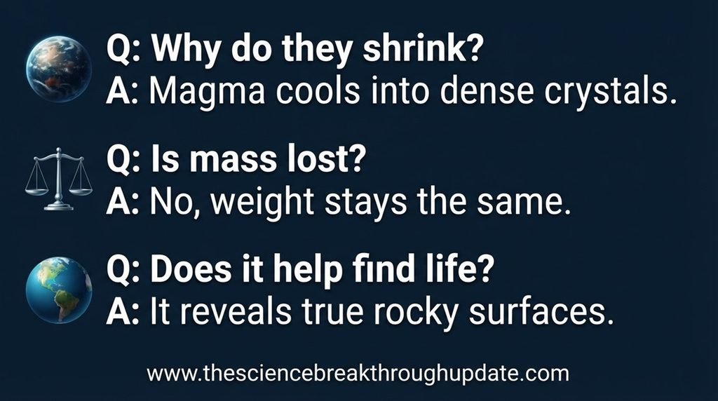 Educational space infographic layout detailing the three core frequently asked questions regarding shrinking super-Earth planets with matching icons.
