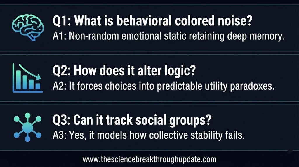 Educational science infographic panel explaining behavioral colored noise with clear text boxes and matching subject icons.