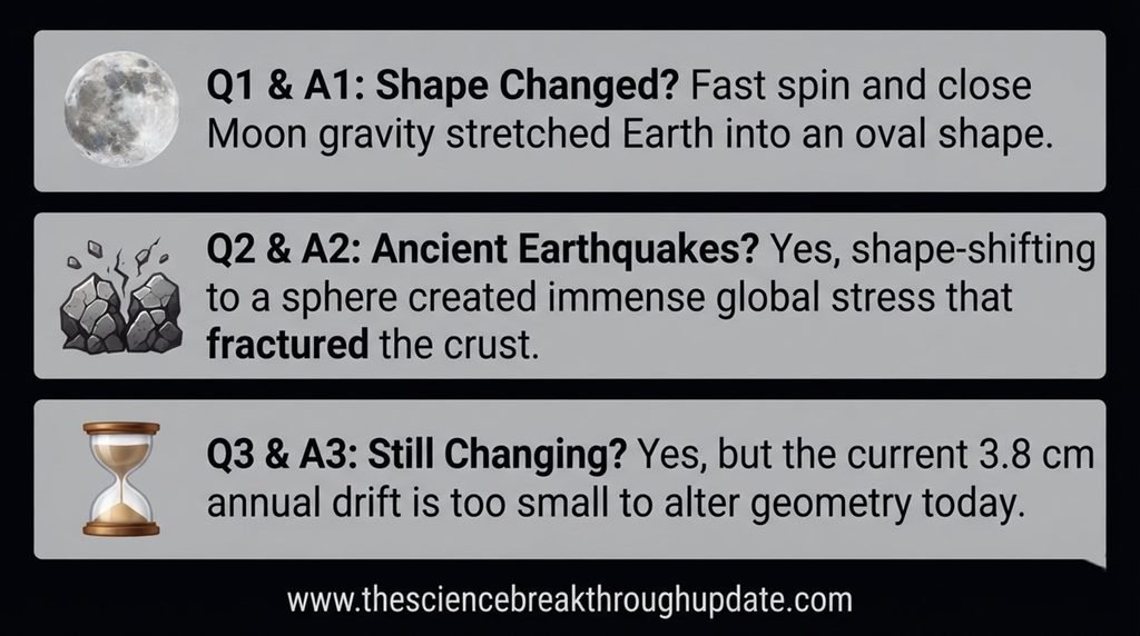 Educational space infographic breakdown displaying three common questions and answers about how the Moon's escape altered Earth's tectonic plates, complete with matching subject icons.