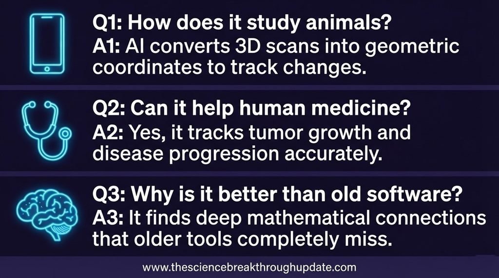 Educational FAQ explainer layout with digital icons answering key questions about how geometric AI tracks structural evolution