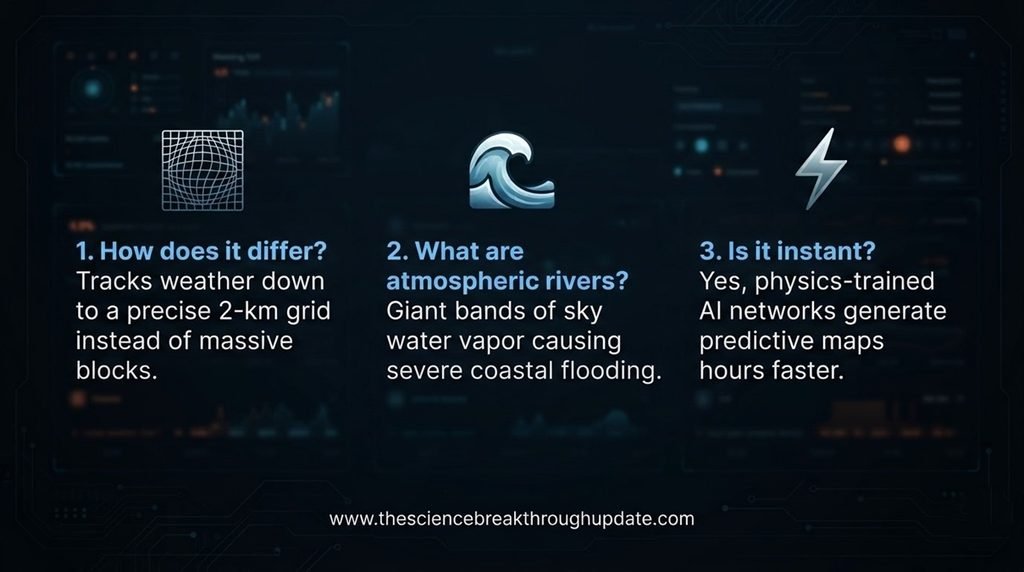 Educational tech infographic displaying three core common reader questions and answers about AI weather models and atmospheric river tracking.