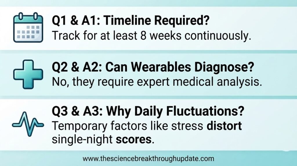  Visual explainer infographic detailing the smartwatch sleep data questions with custom calendar, medical, and data wave icons.