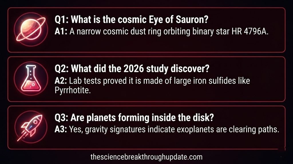 Educational FAQ explainer layout with subject icons answering core reader questions about the HR 4796A Eye of Sauron dust discovery.