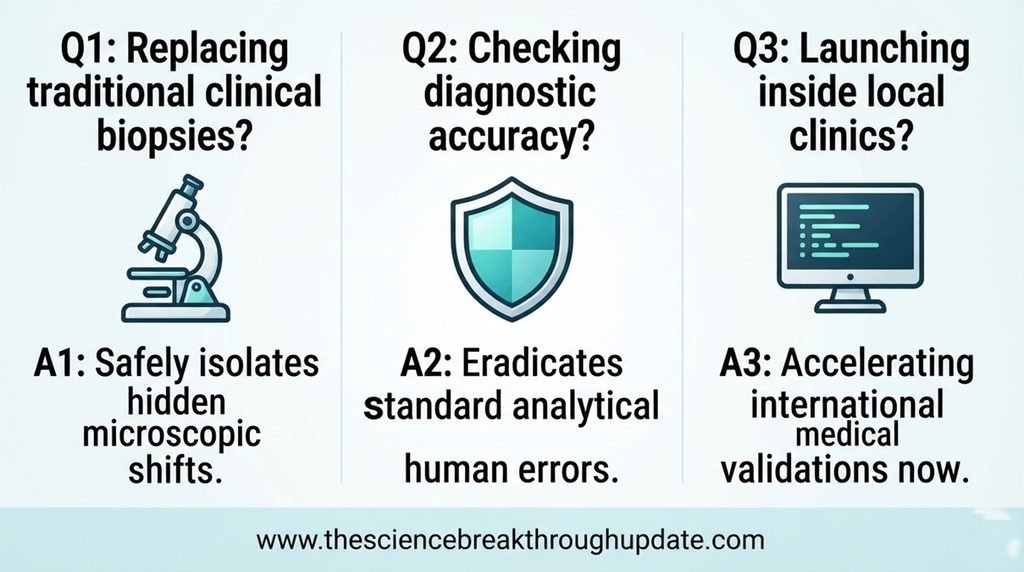 Educational medical infographic block answering core user questions regarding gut bacteria AI diagnostic precision and clinic availability.