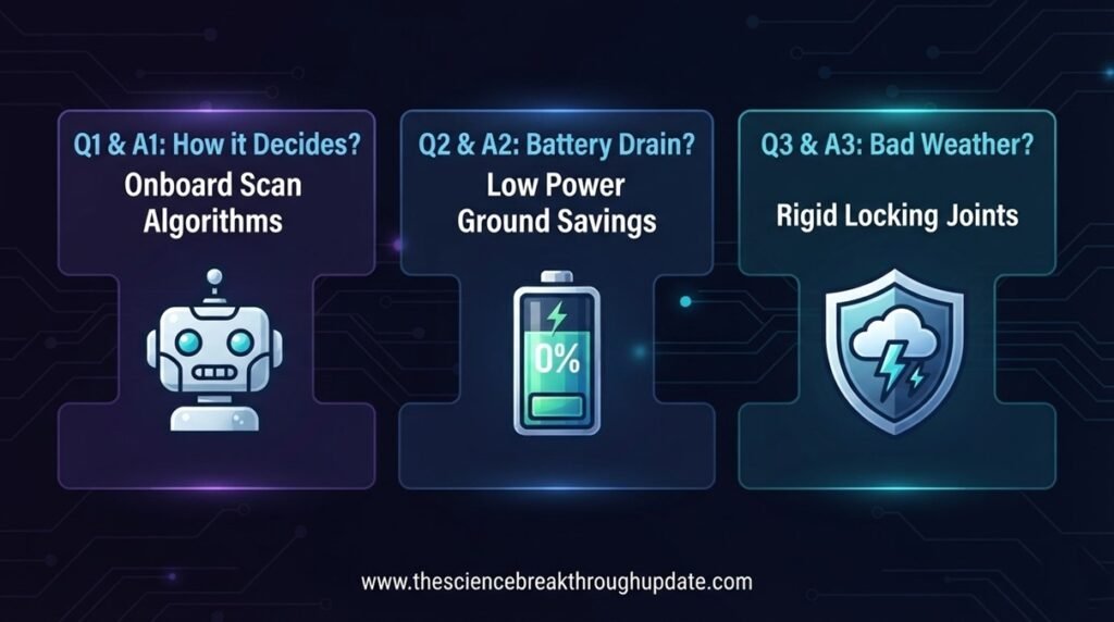  Educational FAQ infographic explaining shape-shifting robot decision methods and battery metrics with subject icons