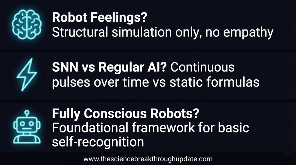 Educational science FAQ infographic explaining digital emotions, spiking neural network functions, and machine self-recognition with distinct subject icons.