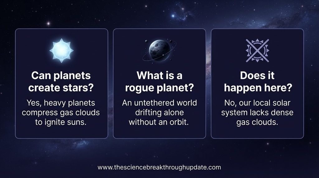 Educational FAQ explainer layout answering core questions about rogue planets and stellar ignition mechanisms with matching subject icons.