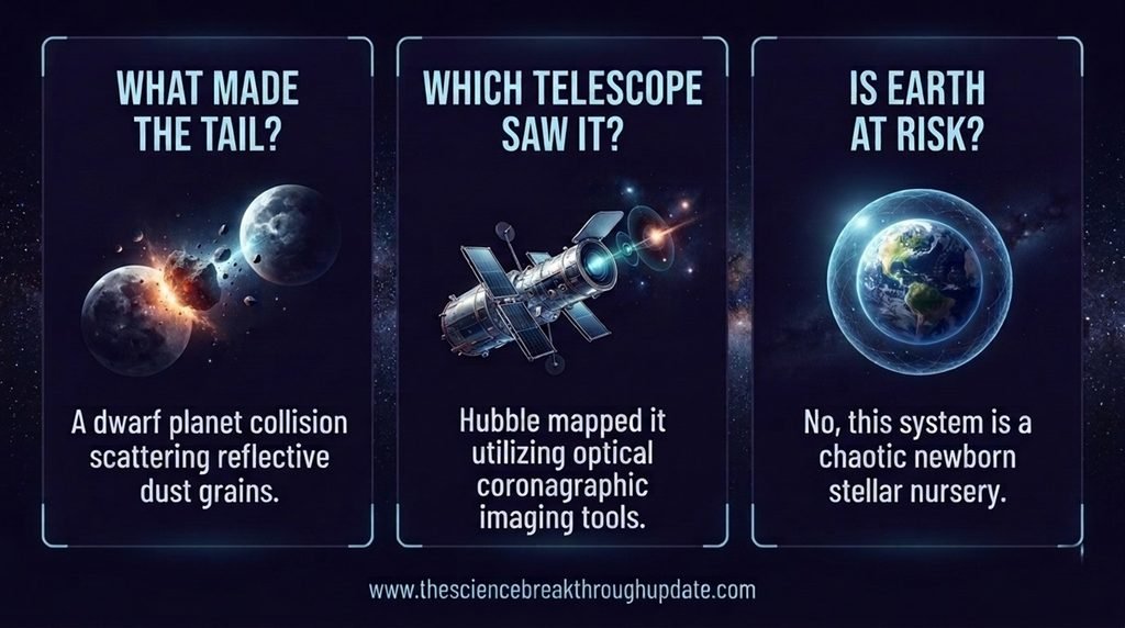 Educational space science infographic layout explaining the cosmic cat's tail structure, Hubble data tracking, and planetary safety with subject-specific vector icons.