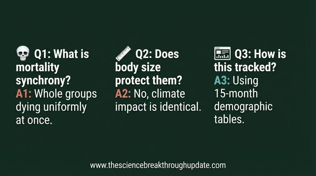 Educational FAQ infographic block with subject-specific icons explaining the biological mechanisms, size decoupling, and demographic tracking methods of mass ant mortality events