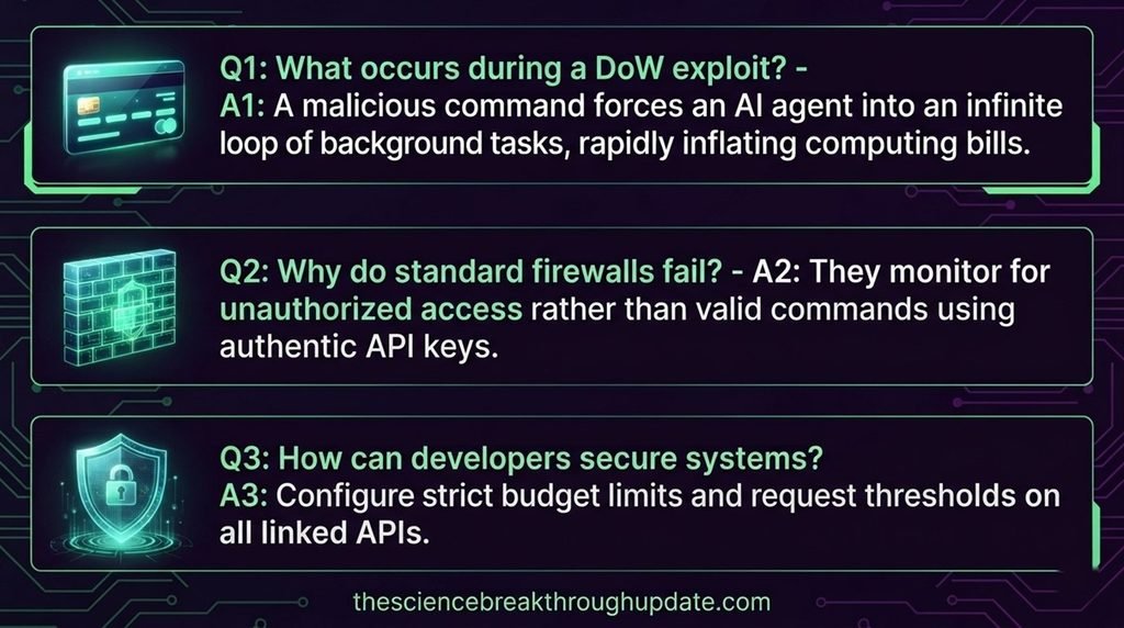 A visual explainer layout displaying core user queries about Denial of Wallet attacks alongside relevant security, firewall, and credit card icons.