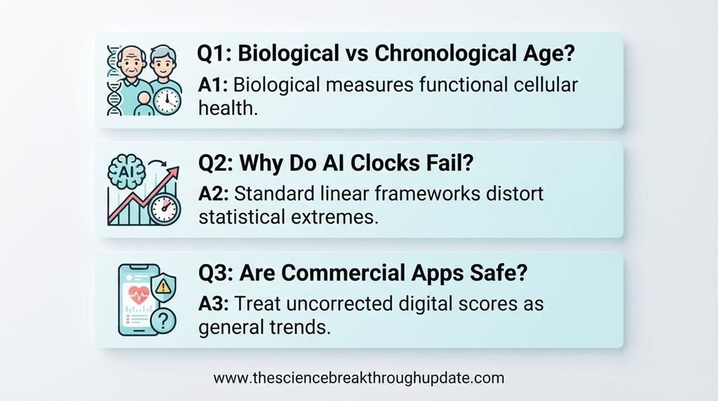An educational FAQ infographic displaying questions and answers regarding biological aging clock metrics with descriptive subject icons.