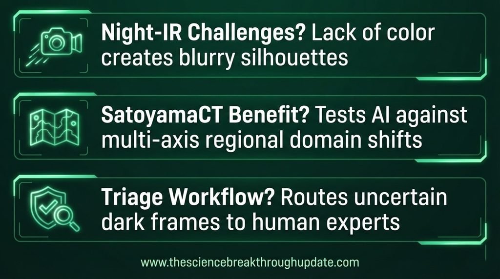 Visual explainer layout displaying three key answers regarding night-infrared camera trap challenges, regional domain shifts, and uncertainty-aware triage workflows for wildlife management.