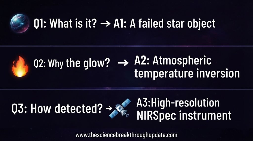 Visual educational explainer graphic detailing key facts about the brown dwarf methane emissions with customized planet, flame, and telescope icons.