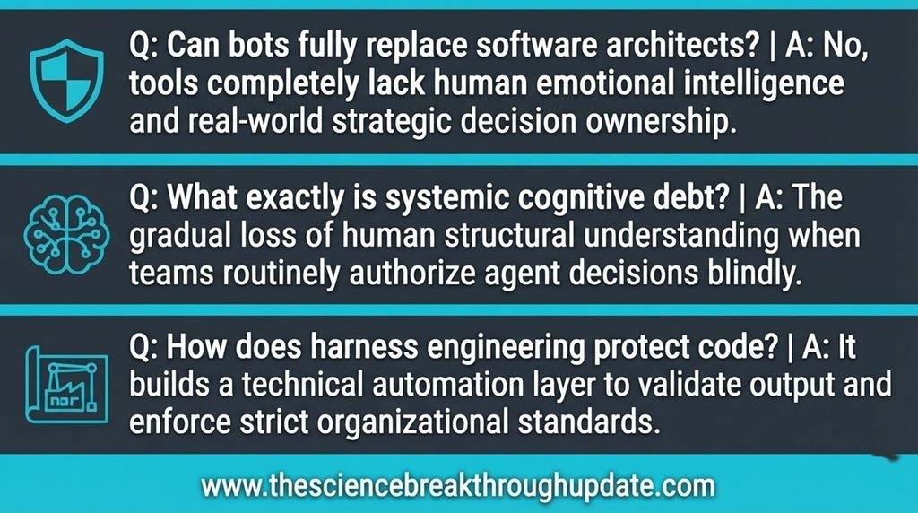 • Educational explainer infographic detailing core questions about human architecture skills, cognitive debt, and harness engineering framework mechanics.

