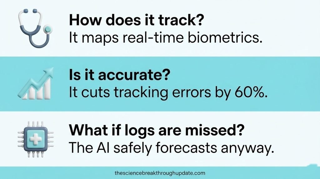 •  Medical FAQ infographic template with clean clinical typography explaining real-time biometric twin monitoring and statistical accuracy.
