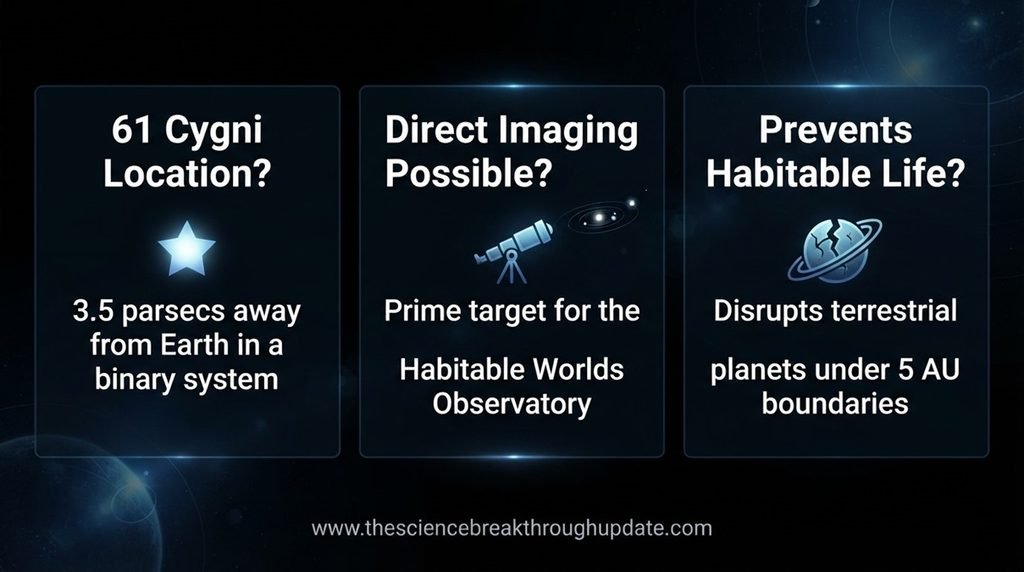 • Visual space explainer infographic answering frequently asked questions about the 61 Cygni exoplanet with matching star telescope and planet icons