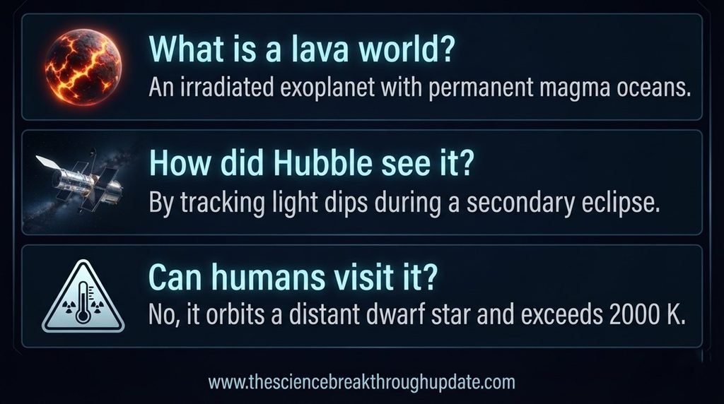 • Educational space science infographic explaining lava world parameters, Hubble secondary eclipse detection, and exoplanet environment safety details.