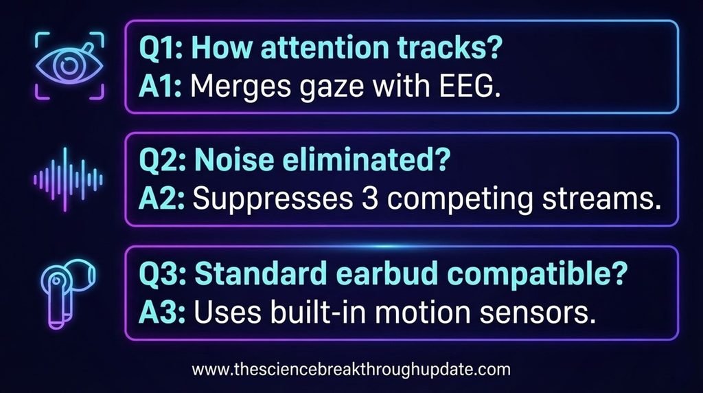 Educational FAQ dashboard diagram detailing eye gaze tracking variables, background noise attenuation, and commercial earbud integration parameters