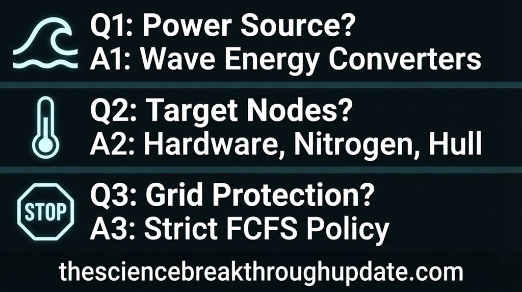 Visual explainer infographic of subsea data center FAQs detailing wave power acquisition, three-node thermal tracking, and first-come-first-served scheduling rules with custom icons.