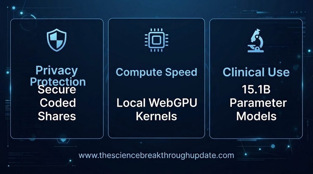 Three-part educational explainer dashboard highlighting genomic privacy, WebGPU kernel processing speeds, and 15.1B model scaling attributes with corresponding flat iconography.
