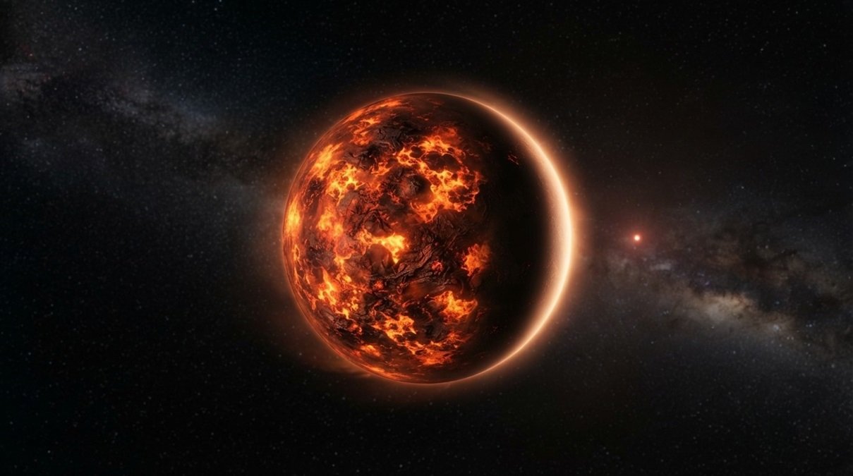 science photograph of the scorched exoplanet TOI-2431 b with a bubbling molten magma dayside against a deep cosmic dark background.
