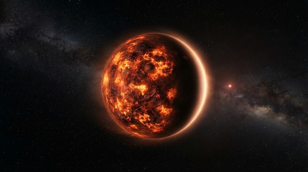 science photograph of the scorched exoplanet TOI-2431 b with a bubbling molten magma dayside against a deep cosmic dark background.