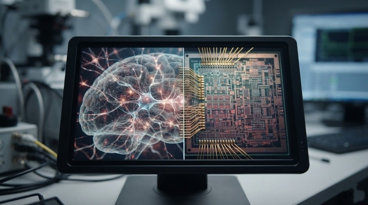 Macro photo showing the direct structural relationship between human brain neural pathways and a neuromorphic silicon chip.